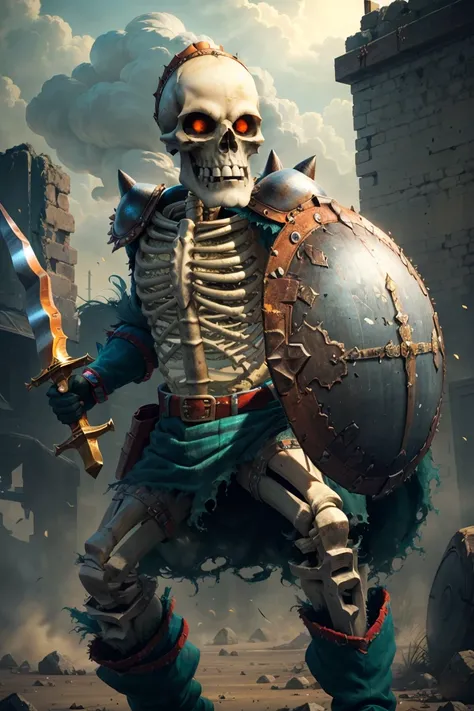 ((masterpiece,best quality)),
<lora:Stalfos_Zelda_OOT_Anime:0.8>, Stalfos_Zelda_OOT, (sword ),
skeleton, solo, 1boy, skull, armor, red eyes, no humans, ribs, belt, boots, spikes, shield,
solo, smiling, looking at viewer, cowboy shot,
cinematic composition, dynamic pose,