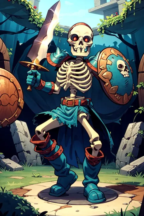 solo, <lora:Stalfos_Zelda_OOT_Anime:0.7> Stalfos_Zelda_OOT, (sword, swinging sword), skeleton, skull, armor, red eyes, no humans, ribs, belt, boots, spikes, shield, insinde a ruined temple, circular room, moss, ivy, <lora:add_detail:0.7>,