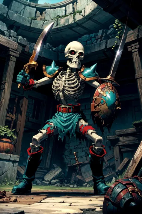 Stalfos_Zelda_OOT, skeleton, armor, red eyes, ribs, spikes looking at viewer, close up portrait, standing, outside, forest, natural lighting, extreme detail, masterpiece, <lora:Stalfos_Zelda_OOT_Anime_Dim32:.8>