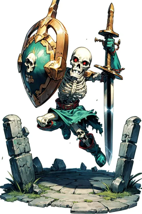 solo, <lora:Stalfos_Zelda_OOT_Anime:0.7> Stalfos_Zelda_OOT, (sword, swinging sword), skeleton, skull, armor, red eyes, no humans, ribs, belt, boots, spikes, shield, insinde a ruined temple, circular room, moss, ivy, <lora:add_detail:0.7>, <lora:tachi-e:1> white background, full body
