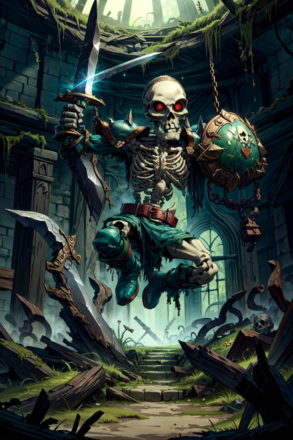 solo, <lora:Stalfos_Zelda_OOT_Anime:0.7> Stalfos_Zelda_OOT, (sword, swinging sword), skeleton, skull, armor, red eyes, no humans, ribs, belt, boots, spikes, shield, insinde a ruined temple, circular room, moss, ivy, <lora:add_detail:0.7>, <lora:DruidMagicAI-000010:0.7>, DruidMagicAI,