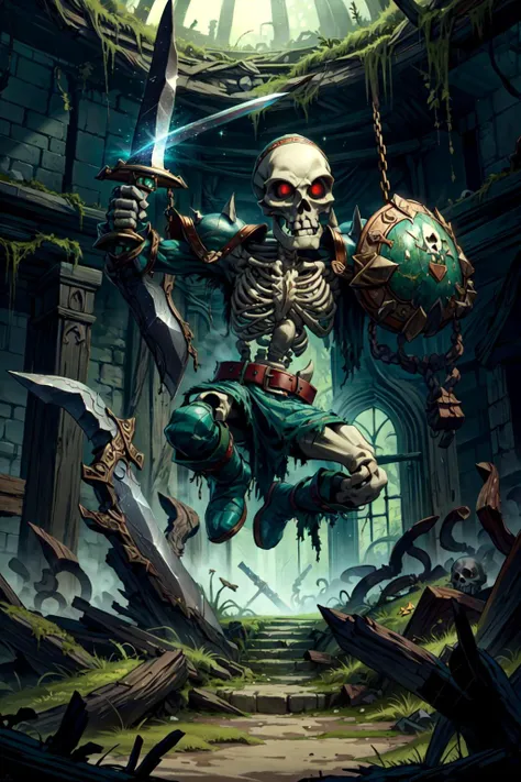 solo, <lora:Stalfos_Zelda_OOT_Anime:0.7> Stalfos_Zelda_OOT, (sword, swinging sword), skeleton, skull, armor, red eyes, no humans, ribs, belt, boots, spikes, shield, insinde a ruined temple, circular room, moss, ivy, <lora:add_detail:0.7>,  <lora:DruidMagicAI-000010:0.7>, DruidMagicAI,