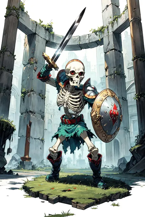 solo, <lora:Stalfos_Zelda_OOT_Anime:0.7> Stalfos_Zelda_OOT, (sword, swinging sword), skeleton, skull, armor, red eyes, no humans, ribs, belt, boots, spikes, shield, insinde a ruined temple, circular room, moss, ivy, <lora:add_detail:0.7>,  <lora:tachi-e:1> white background, full body