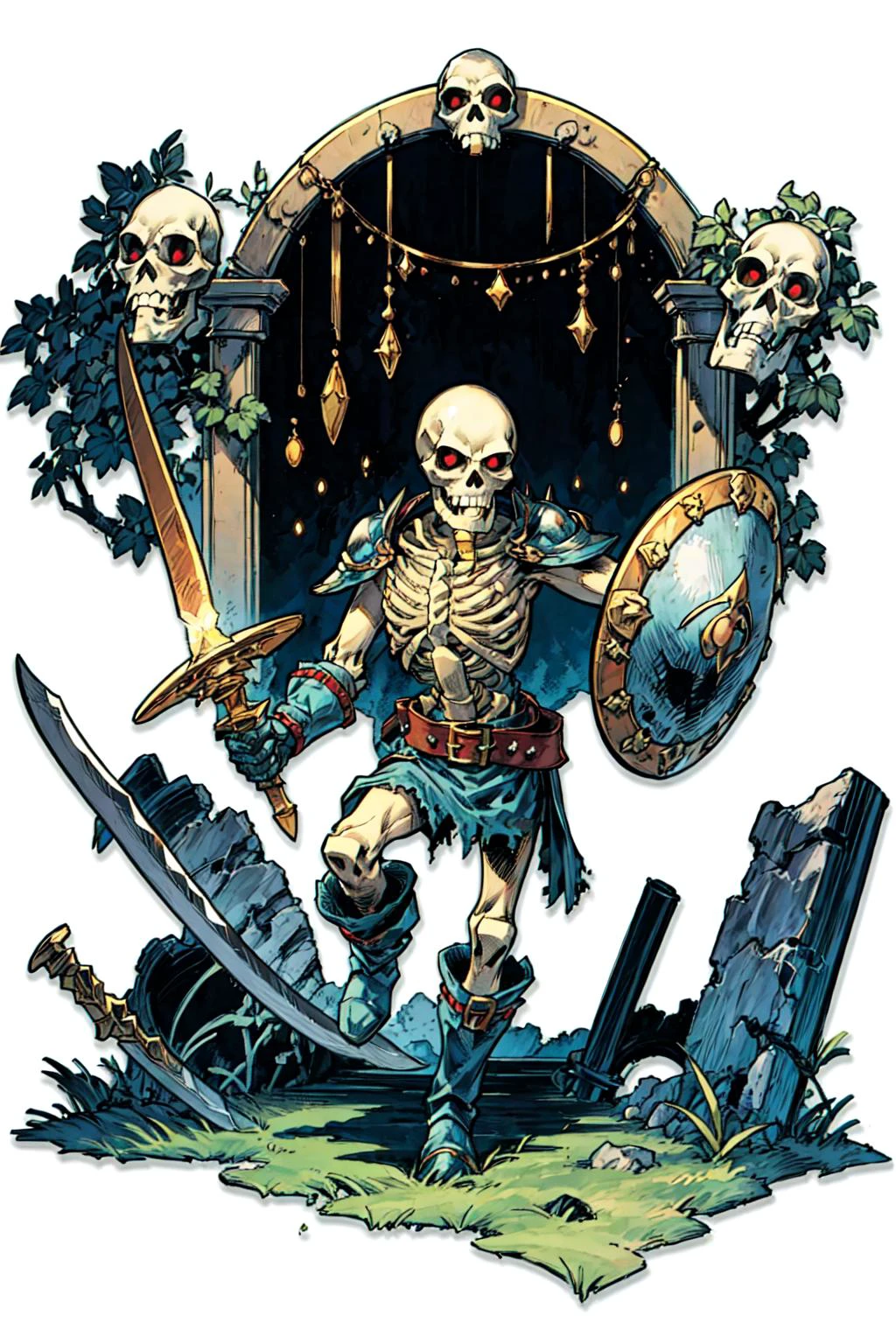 solo, <lora:Stalfos_Zelda_OOT_Anime:0.7> Stalfos_Zelda_OOT, (sword, swinging sword), skeleton, skull, armor, red eyes, no humans, ribs, belt, boots, spikes, shield, insinde a ruined temple, circular room, moss, ivy, <lora:add_detail:0.7>, <lora:tachi-e:1> white background, full body