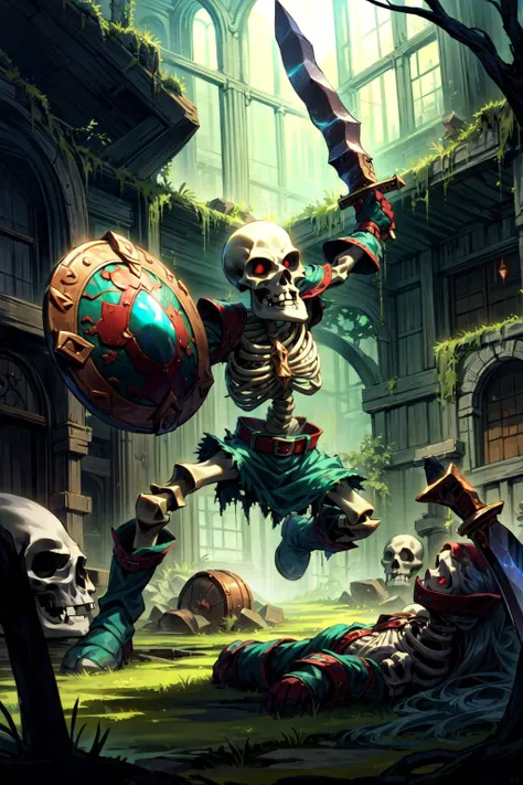 solo, <lora:Stalfos_Zelda_OOT_Anime:0.7> Stalfos_Zelda_OOT, (sword, swinging sword), skeleton, skull, armor, red eyes, no humans, ribs, belt, boots, spikes, shield, insinde a ruined temple, circular room, moss, ivy, <lora:add_detail:0.7>, <lora:DruidMagicAI-000010:0.7>, DruidMagicAI,