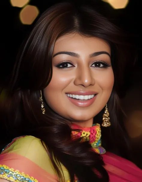 hires portrait photo of Ayesha Takia woman, outdoors, realistic skin texture, smiling, colorful dress, looking looking at viewer, high collar dress, smiling, night time, beautiful bokeh  <lora:Ayesha_Takia_SDXL_LoRA:1>