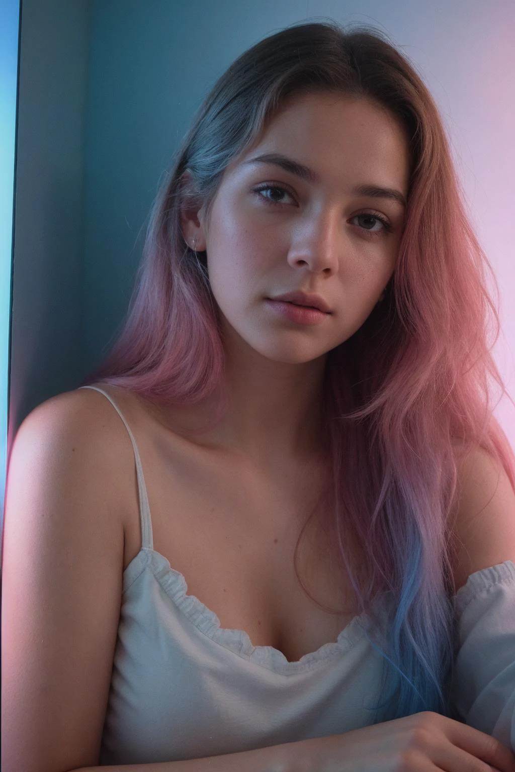 (High detail RAW Photo), a woman sits in corner of her bedroom, wearing pajamas, 1970s \(style\), ((posters on the wall and led strip lights)), (pink and blue ambient:1.3) ((close up:0.7)), (masterpiece, extremely detailed skin, photorealistic, heavy shadow, dramatic and cinematic lighting, key light, fill light), sharp focus, film grain, grainy, cinematic, imperfect skin, fabrics, textures, detailed face, detailed skin, warm colors