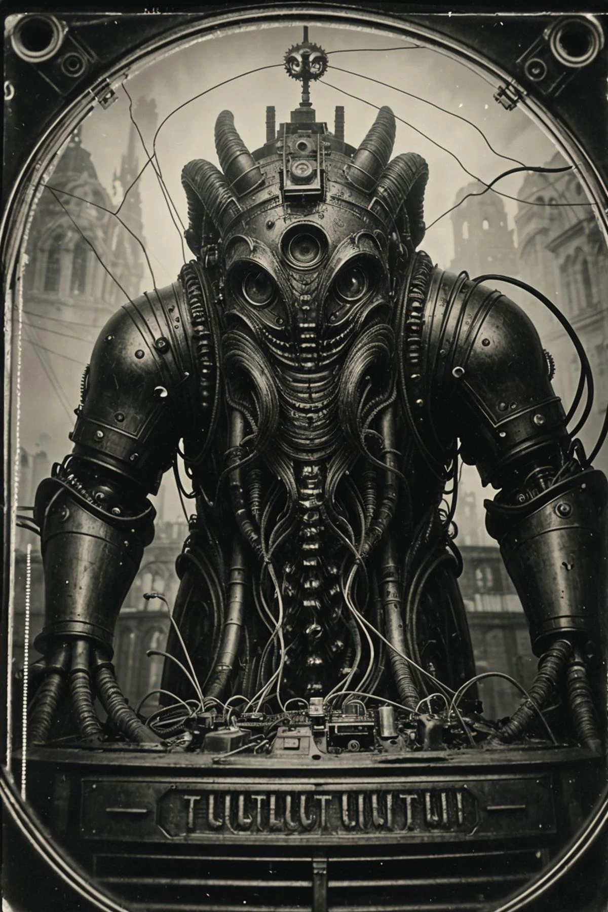 1940s antique scene, (a monster in the center of the image:1.2), 1monster, (electronic cthulhu, cyborg with mechanical wires:1.2), antique 1940s cathedral exterior, antique design, evening, analog photo, film grain, collodion wet plate, vintage aged and damaged photo, black&white, b&w, sharp focus, wide angle lens, landscape