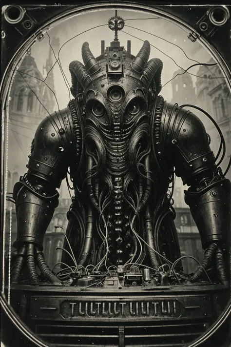 1940s antique scene, (a monster in the center of the image:1.2), 1monster, (electronic cthulhu, cyborg with mechanical wires:1.2),  antique 1940s cathedral exterior, antique design, evening, analog photo, film grain, collodion wet plate, vintage aged and damaged photo, black&white, b&w, sharp focus, wide angle lens, landscape