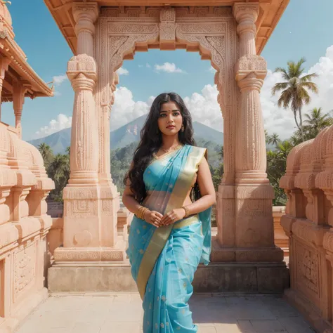 (full body:1. 1) full body photo of a cute 30 years old girl in Saree in front of a Kerala temple, ornament, relief, detailed, epic, clear sky, cloudy blue sky, mountains, forest, cliff, birds, tree, advntr, fair skin, curvy, tall, big temple, Kerala, women selfie, huge temple arch building behind the girl, temple BG, wide view, hourglass figure, big ass, traditional saree, beautiful, cute face, fat, detailed, full lips, lip biting, studio lighting, hyper realistic <lora:hipoly3DModelLora_v20:0.7>  <lora:Realistic_Saree:0.2>, Photorealistic, Hyperrealistic, Hyperdetailed, analog style, soft lighting, subsurface scattering, realistic, heavy shadow, masterpiece, best quality, ultra realistic, 8k, golden ratio, Intricate, High Detail, film photography, soft focus, RAW candid cinema, 16mm, color graded portra 400 film, remarkable color, ultra realistic, textured skin, remarkable detailed pupils, realistic dull skin noise, visible skin detail, skin fuzz, dry skin, shot with cinematic camera