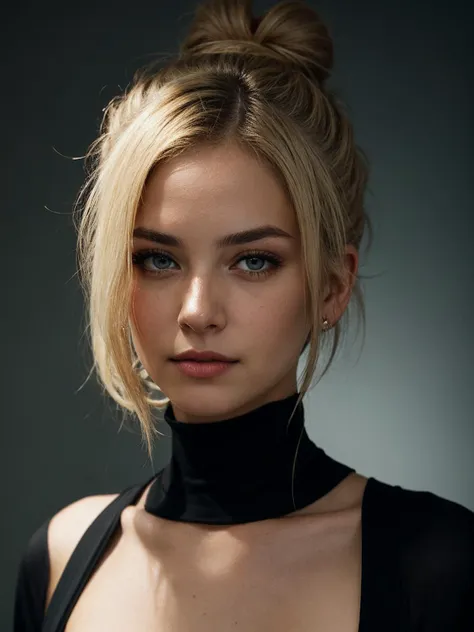 an eye contact of a blond with bun hair and dark theme