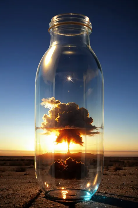 nuclear explosion inside a large transparent bottle,