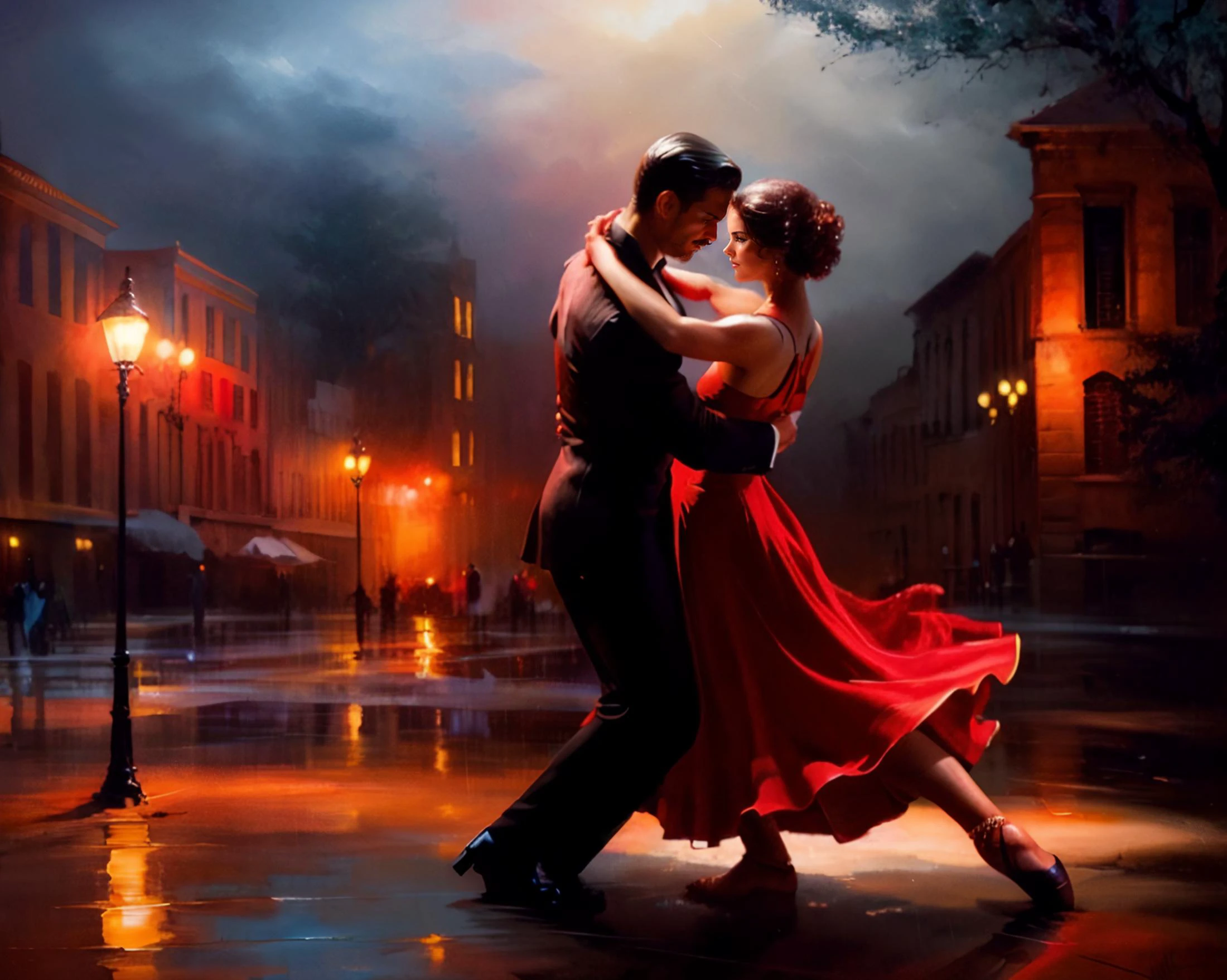 cinematic film still of painting of (a beautiful couple dancing the tango:1.5) movement, dynamic pose, dance, elegant, erotic, sensual, close lovers (perfect detailed face, perfect detailed body, perfect detailed eyes:1.5), , long red hair,
(dark, empty red grunge background:1.3), rimlighting, uncluttered background, complementary colours, (street lamp:1.1), (musician, guitar player:1.3) chapeau, leaning back, tipping over, mustache,
ruling class, elegant clothing, wind blowing, epic atmosphere, realistic face, beautifully detailed woman, detailed mouth, extremely detailed eyes_and_face, beautiful attractive face, beautiful detailed eyes, pronounced feminine feature, matte eyeshadow, eyelashes, , perfect body,
color HD photo, 85mm, (full body, high quality photo, masterpiece), HDR, 8K resolution, analogue RAW DSLR, best quality, absurdres, vivid vibrant colors, intricate detail, realistic human hands, sophisticated detail, official art, 8k wallpaper, ultra high res, (tree:1)
(masterpiece) striking ground, wild field, dramatic lighting, otherworldly, best quality, oil painting, gloomy, fog, (epic art, , wind, action:1.5), darkness, total freedom, breath, , large wild spaces, dynamic, cinematic shot, (red dress, dark suit:1.3), (back lighting:1.1), (wet ground, reflexions:1.3) (complementary colours:1.3)
( 1boy, 1girl:1.4) <lora:add_detail:0.8>
<lora:haenraets:0.5> whaenraets
<lora:postpainter20:0.4> <lora:backlight_slider_v10:-1> <lora:hd_helper_v1:0.8> , , , shallow depth of field, vignette, highly detailed, high budget, bokeh, cinemascope, moody, epic, gorgeous, film grain, grainy