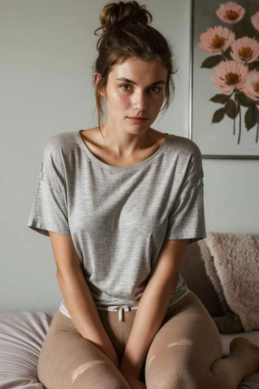 (High detail RAW Photo), a brunette woman sits in corner of her bedroom, Messy Hairbun, Freckles, no bra, wearing comfy Striped neon T-Shirt and knitted Pantyhose, 1990s \(style\), ((painting on the wall and flowers)), (Brown and silver ambient:1.3) ((close up:0.7)), (masterpiece, extremely detailed skin, photorealistic, heavy shadow, shirt tug, dramatic and cinematic lighting, key light, fill light), sharp focus, film grain, grainy, cinematic, imperfect skin,  fabrics, textures, detailed face, amused Condescending gaze from above, detailed skin, warm colors