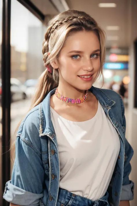 beauty photo of stunning Polish woman, 4nn4 with blonde hair and highlights, smiling, looking at viewer, wearing 90's fashion, (skirt with bold patterns and bright color), oversized flannel shirt tied around the waist, choker necklace, oversized denim jacket, (hair tied back with a scrunchie), posing inside a crowded mall, (upper body framing:1.2), (soft bounced lighting:1.2),
realistic, photorealistic, high quality, detailed background, intricate, highly detailed, sharp focus, high resolution, 8k, uhd, dslr, realistic eyes, perfect eyes, detailed skin texture, (blush:0.5), (goosebumps:0.5), subsurface scattering,
<lora:sd15anna_20_32_8_nr_v0.5:0.9>
<lora:add_detail:0.5>