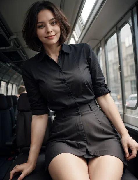 beautiful filmg girl thighs, pretty face, upskirt angle view, black stokings, asymmetric a-line haircut, narrow waist, working as bussiness woman, <lora:epiC35mm:1>, perfect fingers, <lora:FilmG4:0.75>, <lora:tangbohu-detailer_1.0:0.8>