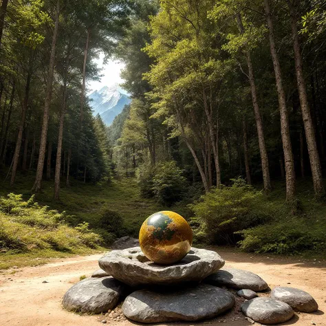 Best quality, ultra high res, High quality,highly detailed,color full,light,
(one huge natural stone ball),mountain,forest.