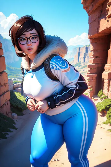 looking at viewer, Mei, <lora:meiOverwatchLORA_v1:0.4>
short hair, wears glasses, round face, chubby, thick thighs, tight pants, embarrassed expression, small nose and lips, and rosy cheeks, petite, curvaceous figure, blue and white outfit with a fur-lined parka