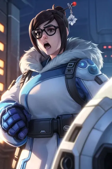 mei, confident pose, reaching, fur-trimmed coat, looking at the horizon, glasses, hair bun, hair stick, distressed face expression, scream, futuristic city, dim light, <lora:meiOverwatchLORA_v1:0.8>, best quality