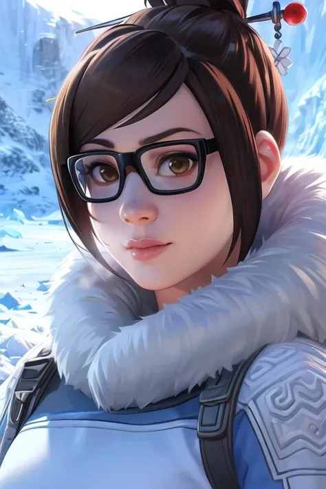 portrait, waist up, mei, brown eyes, glasses, fur coat, hair bun, hair stick, friendly face expression, looking at viewer, antarctic background, sunlight, <lora:meiOverwatchLORA_v1:0.8>, best quality