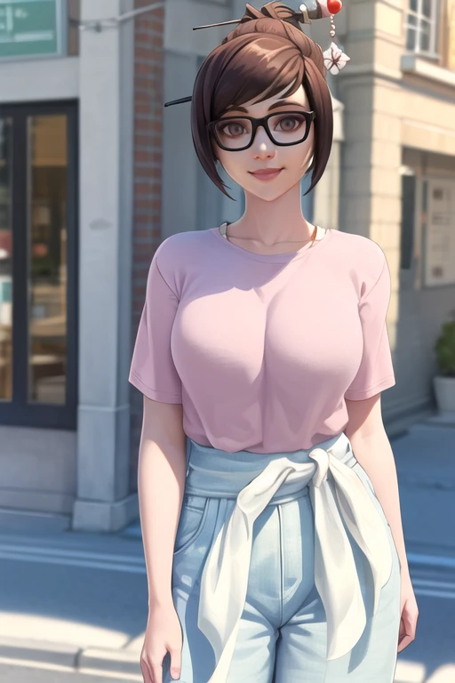 portrait, waist up, casual clothes,mei, short hair, hair stick, glasses, gentle smile, city street, sunlight, looking at viewer, <lora:meiOverwatchLORA_v1:0.7>, best quality