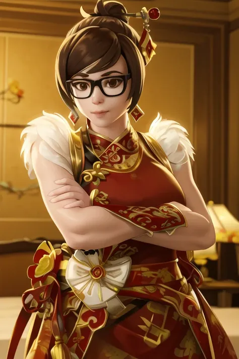 mei, meiluna, seductive pose, crossed arms, fancy restoraunt, dress, hair bun, hair stick, glasses, candleights, <lora:meiOverwatchLORA_v1:0.7>, best quality