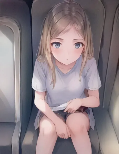 <lora:Manya:1>, (masterpiece:1.4),(best quality:1.4), (high detail:1.3) , 22 y.o girl, 1girl, solo, blonde  hair, blue-gray eyes, sitting in the train, shorts, t-shirt, sneakers, handbag, loose hair