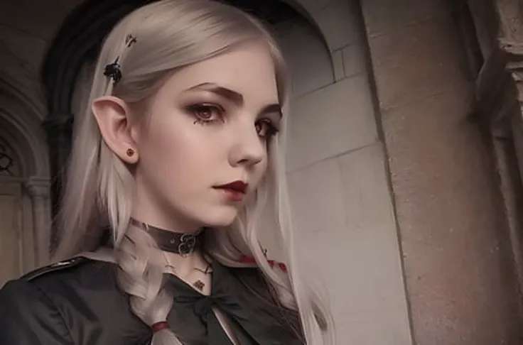 <lora:Manya:0.8> 1girl, best quality, masterpiece, (realistic:1.2), full body, (25 year old),  detailed skin, dark fantasy background, vampire elf, (high detailed skin:1.2), red eyes, pointed ears, long white hair, white skin, gothic choker, gothic clothes
