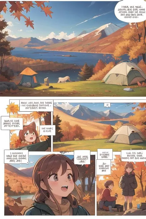 ultra detail,best quality,masterpiece, comicstyle,girl focus,2girls,autumn leaves,autumn,mountain,tent,camping,campfire, <lora:ekho:0.8>,speech bubble