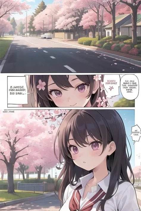 ultra detail,best quality,masterpiece, comicstyle,girl focus,2girls,cherryblossom,road,eary morning,school uniform <lora:ekho:0.8>,speech bubble