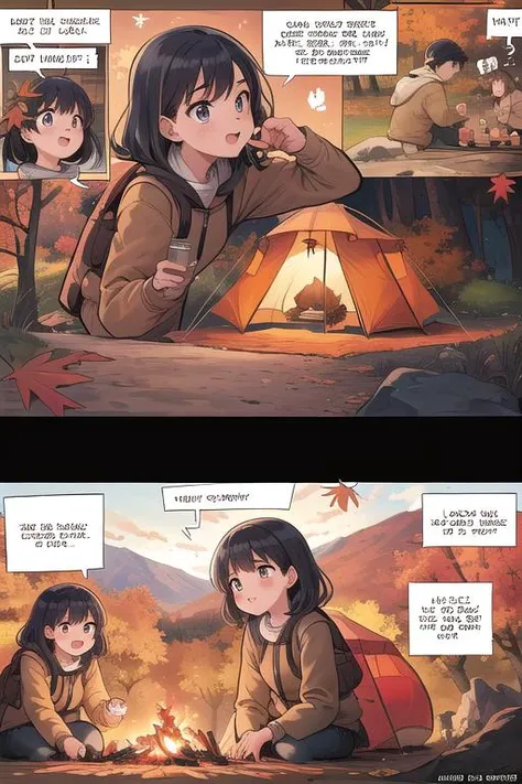 ultra detail,best quality,masterpiece, comicstyle,girl,autumn leaves,autumn,mountain,tent,camping,campfire, <lora:ekho:0.8>,speech bubble