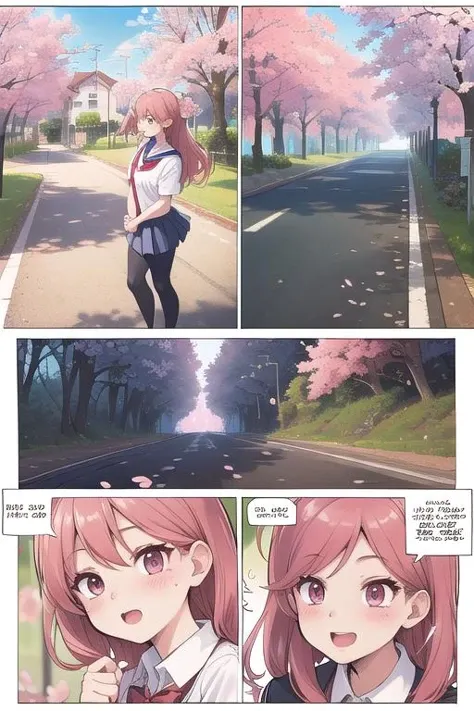 ultra detail,best quality,masterpiece, comicstyle,girl focus,2girls,cherryblossom,road,eary morning,school uniform <lora:ekho:0.8>,speech bubble
