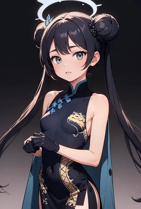 (masterpiece, best quality), 1girl, <lora:kisaki_scarxzys:0.8> kisaki, grey eyes, black hair, hair bun, double bun, twintails, butterfly hair ornament, halo,, china dress, black dress, sleeveless, dragon print, coat, gloves,