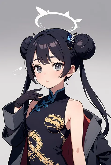 (masterpiece, best quality), 1girl, <lora:kisaki_scarxzys:0.8> kisaki, grey eyes, black hair, hair bun, double bun, twintails, butterfly hair ornament, halo,, china dress, black dress, sleeveless, dragon print, coat, gloves,