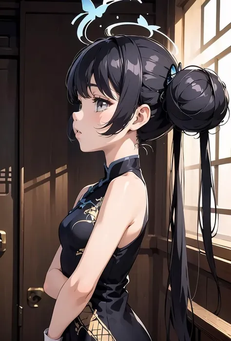 (masterpiece, best quality), 1girl,   <lora:kisaki_scarxzys:0.8> kisaki, grey eyes, black hair, hair bun, double bun, twintails, butterfly hair ornament, halo,, china dress, black dress, sleeveless, dragon print, coat, gloves,