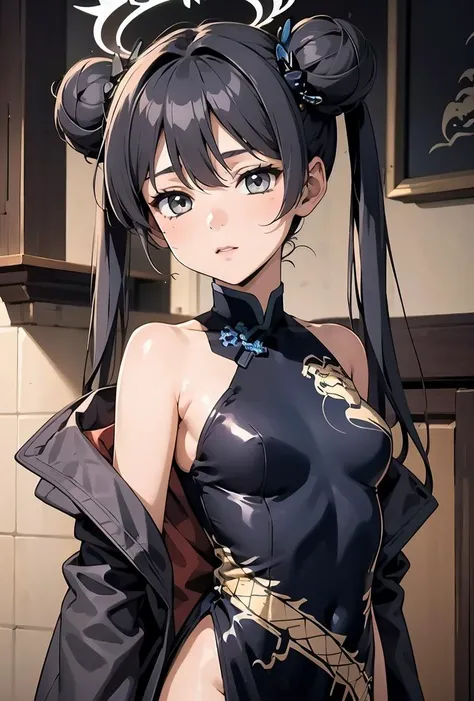 (masterpiece, best quality), 1girl, <lora:kisaki_scarxzys:0.8> kisaki, grey eyes, black hair, hair bun, double bun, twintails, butterfly hair ornament, halo,, china dress, black dress, sleeveless, dragon print, coat, gloves,