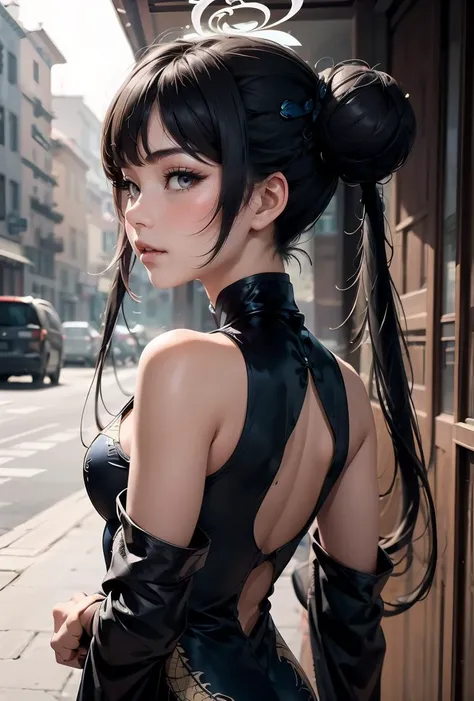 (masterpiece, best quality), 1girl, <lora:kisaki_scarxzys:0.8> kisaki, grey eyes, black hair, hair bun, double bun, twintails, butterfly hair ornament, halo,, china dress, black dress, sleeveless, dragon print, coat, gloves,