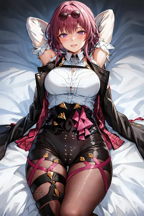 masterpiece, best quality, <lora:kafka-nvwls-v1-final:0.9> kafka, purple eyes, sunglasses on head, black jacket, collared shirt, black shorts, pantyhose, seiza, bed, arms behind head, smile <lora:blastbeat-Style-000042:1>