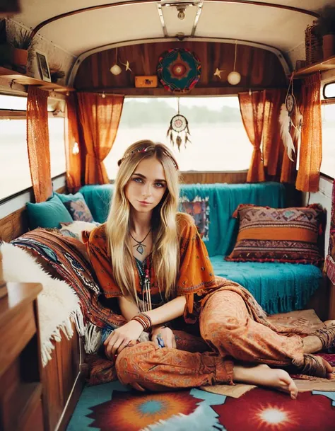 A tranquil photoshoot by Emily Soto; showing a bohemian woman looking like gabixl11, reclining leisurely inside her vintage trailer, featuring soulful, deep-set eyes, a laid-back half-smile, with a tapestry of eclectic textiles and a dreamcatcher swaying gently in the background.