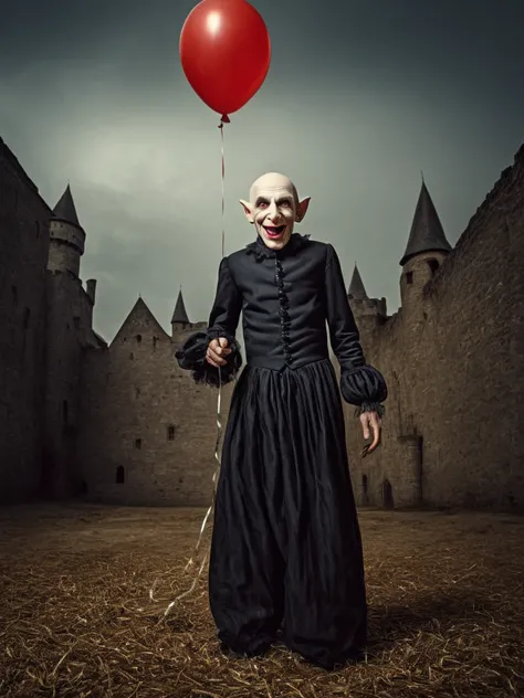 the Nosferatu making a laugh, (balloon horse in hand:1.5), castle background, RAW, 8k, VISION3 500T Color Negative Film 5219, hyper realistic, ultra-detailed, photo-vingette by john Wilhelm, <lora:Stefan_Gesell_style_m:0.7> 5GPstyle, by Stefan Gesell
