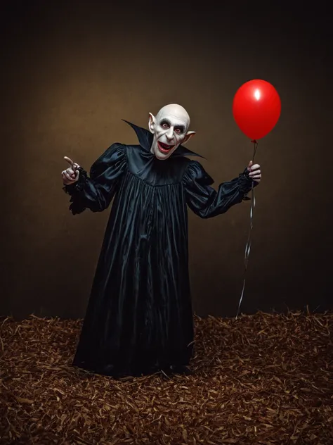 the Nosferatu trying to make a child laugh, (balloon animal in hand:1.2), castle interior, RAW, 8k, VISION3 500T Color Negative Film 5219, hyper realistic, ultra-detailed, photo-vingette by john Wilhelm, <lora:Stefan_Gesell_style_m:0.7> 5GPstyle, by Stefan Gesell