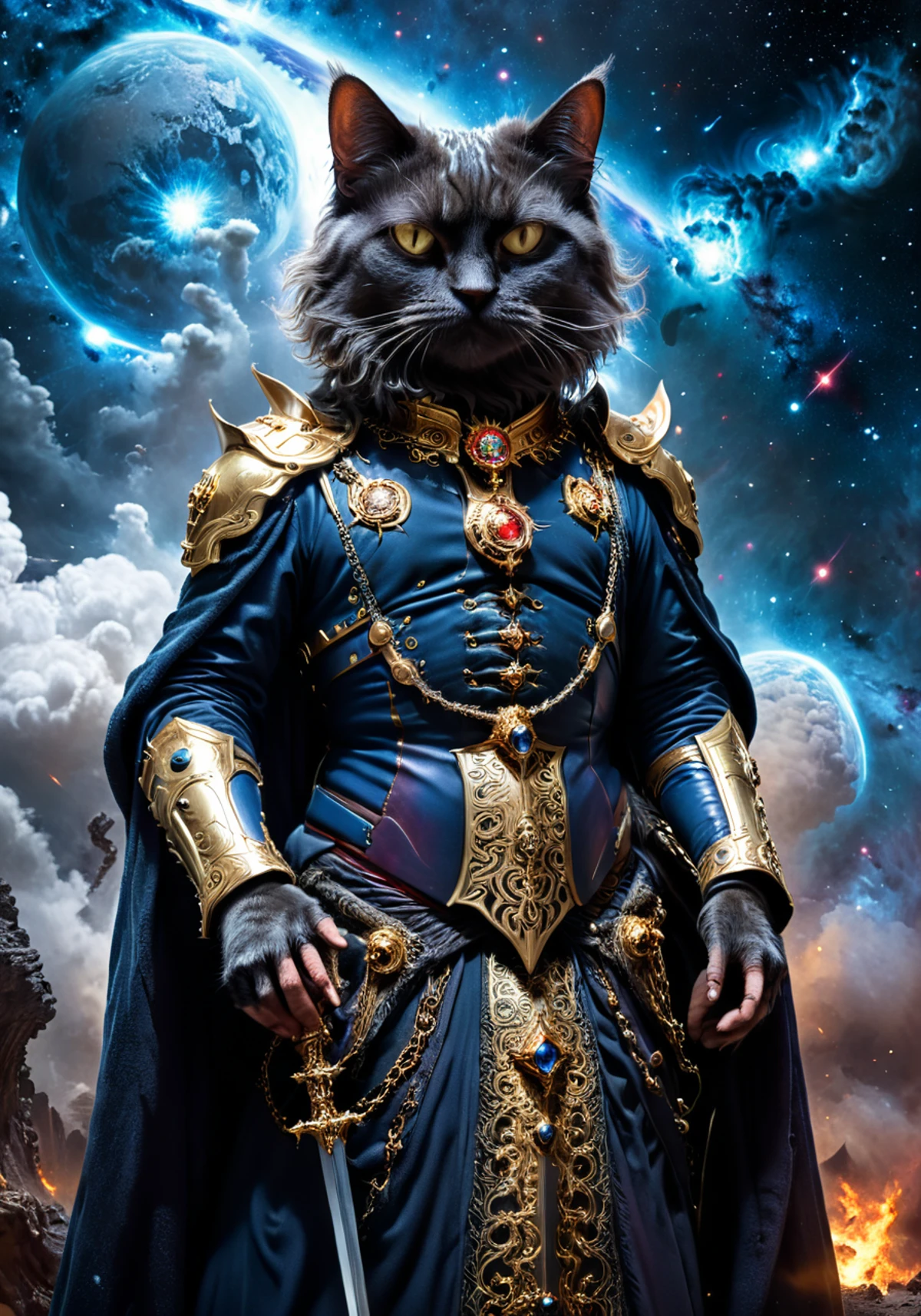 the most regal cat in the universe, galactic emperor of chaos and plasma, immense pathos, haughtiness, commanding mortals, Dark art, biblical scale, surreal violence, high budget IMAX blockbuster epic <lora:xl_more_art-full_v1:1> <lora:LLBretonXL:1> llbreton <lora:Stefan_Gesell_style_m:0.5> 5GPstyle