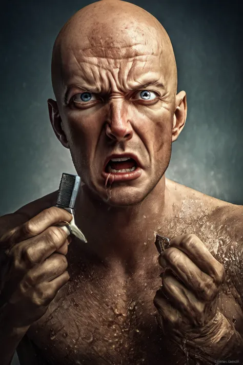 (the One-Punch Man),(open razor in hand), get cut while shaving by John Wilhelm, (stupid look, desperately crying), ultrawide angle, desperate, beautifully detailed, depicted, sharp focus, fine detail, directed, great composition, cinematic, elegant, professional, vivid, awesome colors, highly saturated, artistic<lora:Stefan_Gesell_style_m:0.35> 5GPstyle, by Stefan Gesell