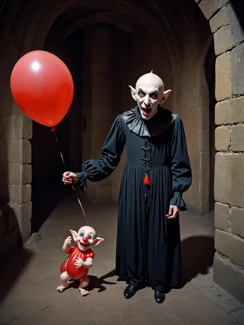 the Nosferatu trying to make a child laugh, (balloon animal in hand:1.2), castle interior, RAW, 8k, VISION3 500T Color Negative Film 5219, hyper realistic, ultra-detailed, photo-vingette by john Wilhelm, <lora:Stefan_Gesell_style_m:0.7> 5GPstyle, by Stefan Gesell