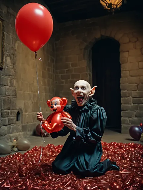 the Nosferatu trying to make a child laugh, (balloon animal in hand:1.2), castle interior, RAW, 8k, VISION3 500T Color Negative Film 5219, hyper realistic, ultra-detailed, photo-vingette by john Wilhelm, <lora:Stefan_Gesell_style_m:0.7> 5GPstyle, by Stefan Gesell