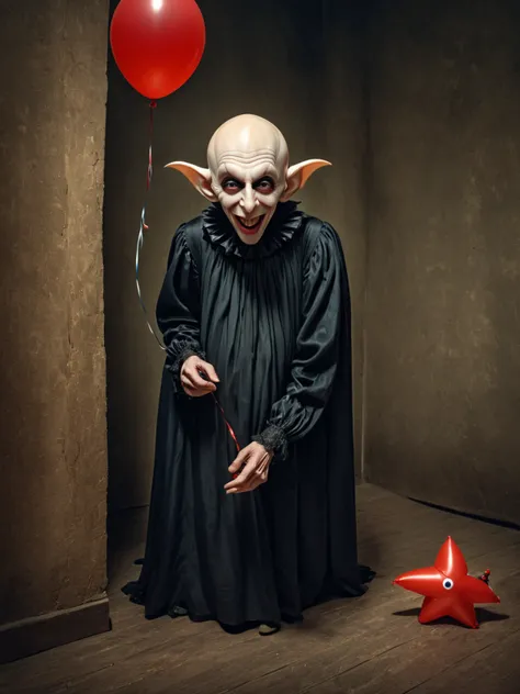 the Nosferatu trying to make a child laugh, (balloon animal in hand:1.2), castle interior, RAW, 8k, VISION3 500T Color Negative Film 5219, hyper realistic, ultra-detailed, photo-vingette by john Wilhelm, <lora:Stefan_Gesell_style_m:0.7> 5GPstyle, by Stefan Gesell