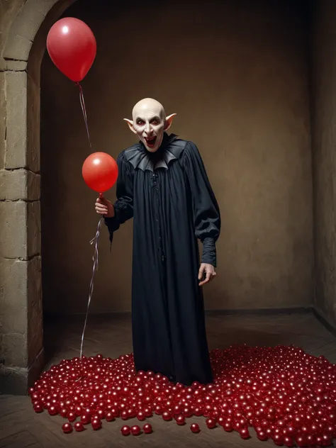 the Nosferatu trying to make a child laugh, (balloon animal in hand:1.2), castle interior, RAW, 8k, VISION3 500T Color Negative Film 5219, hyper realistic, ultra-detailed, photo-vingette by john Wilhelm, <lora:Stefan_Gesell_style_m:0.7> 5GPstyle, by Stefan Gesell