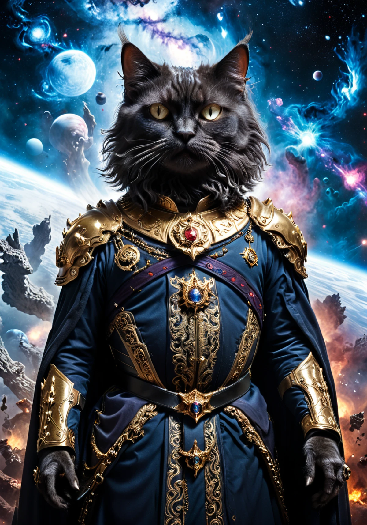 the most regal cat in the universe, galactic emperor of chaos and plasma, immense pathos, haughtiness, commanding mortals, Dark art, biblical scale, surreal violence, high budget IMAX blockbuster epic <lora:xl_more_art-full_v1:1> <lora:LLBretonXL:1> llbreton <lora:Stefan_Gesell_style_m:0.5> 5GPstyle