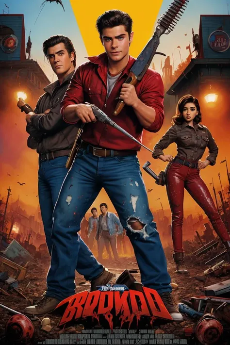 2boys, 1girl, 1990s movie poster art, painting, male focus, Disney Channel presents Evil Dead Musical, starring Zac Efron and Brenda Song and  Bruce Campbell as Ash Williams, directed by Joel Schumacher, highly detailed, PG-13 Hollywood blockbuster movie, undead horde of ghouls, power tools, blood splatters