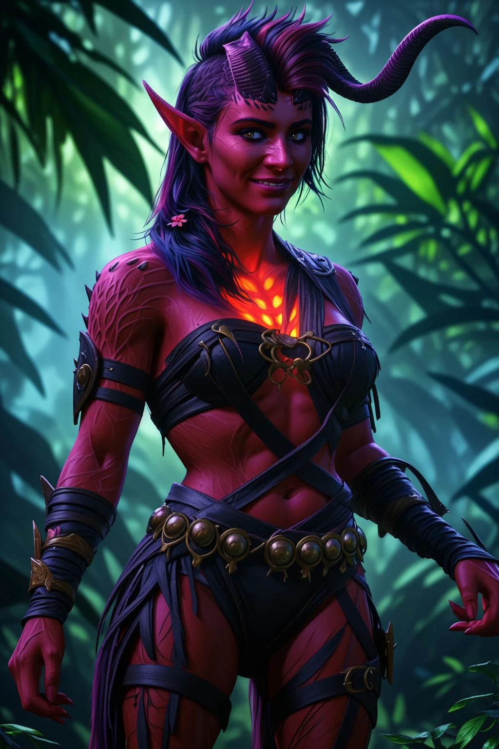 (masterpiece, best quality, colourful :1.3), BGKarlach, 1girl, solo, realistic, long hair, horns, glowing chest, pointy ears, smile, weapon, belt, scabbard, in lush jungle with flowers by greg rutkowski <lora:add_detail:0.8> <lora:BGKarlach:0.7> <lora:LCM_LoRA_Weights_SD15:1.0>